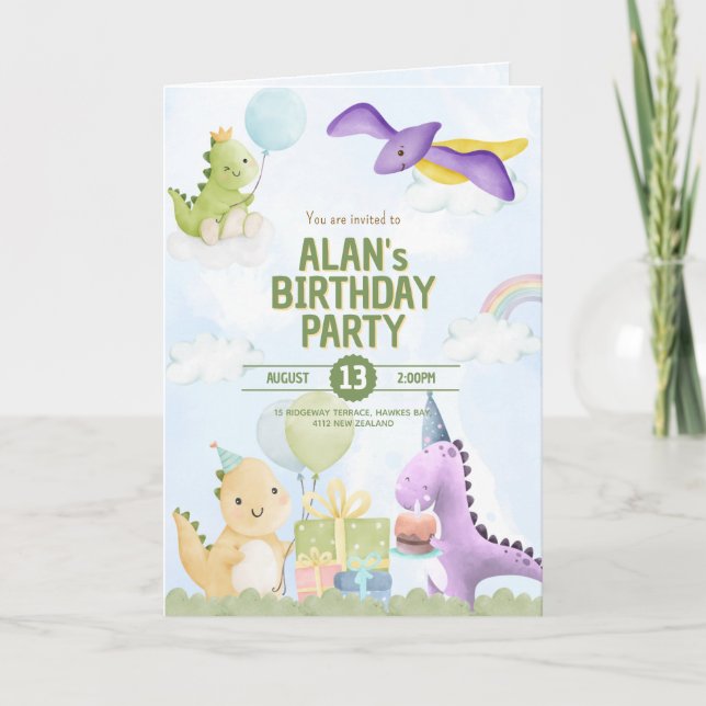 Cute Watercolor Dinosaur Birthday Invitation Kort (Framsida)