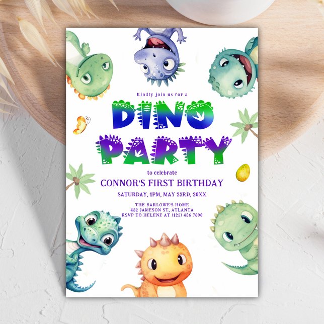 Cute Watercolor Dinosaur First Födelsedagsfest Inbjudningar (Cute Watercolor Dinosaur First Birthday Party Invitation)