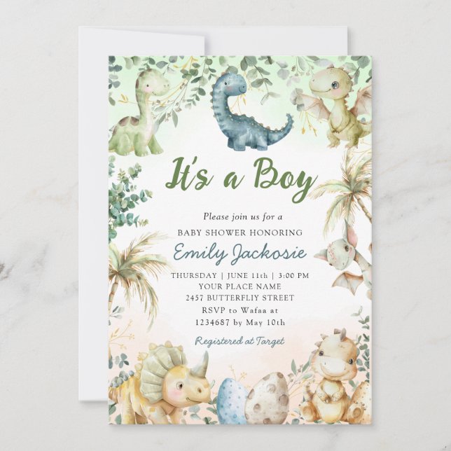 Cute Watercolor Dinosaur Greenery Boy Shower Inbjudningar (Framsida)