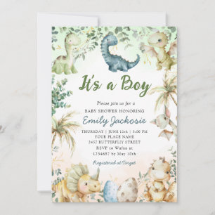 Cute Watercolor Dinosaur Greenery Boy Shower Inbjudningar