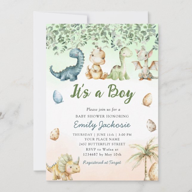 Cute watercolor Dinosaur 'It's a Boy' Baby Shower  Inbjudningar (Framsida)