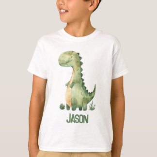 Cute Watercolor Dinosaur med Kids Namn T Shirt