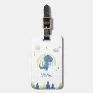 Cute Watercolor Dinosaur T Rex & Rainbow Kid Namn Bagagebricka