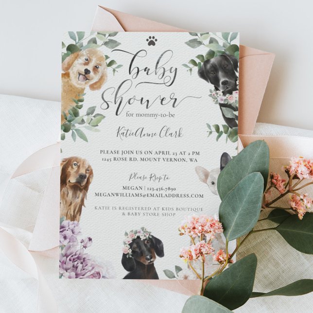 Cute Watercolor Dogs Floral Garden Baby Shower Inbjudningar (Skapare uppladdad)