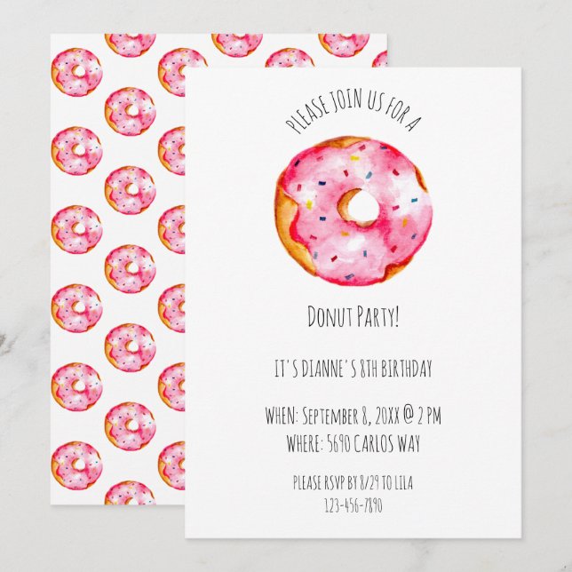 Cute watercolor Donut pink Glaze birthday Inbjudningar (Fram/baksida)