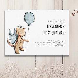Cute Watercolor Dragon Första födelsedag Inbjudningar