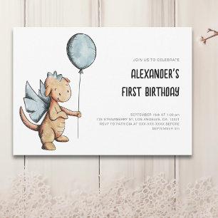 Cute Watercolor Dragon Första födelsedag Inbjudningar