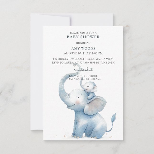 Cute Watercolor Elephant Baby Shower Inbjudningar (Framsida)