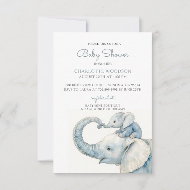 Cute Watercolor Elephant Baby Shower Inbjudningar (Framsida)