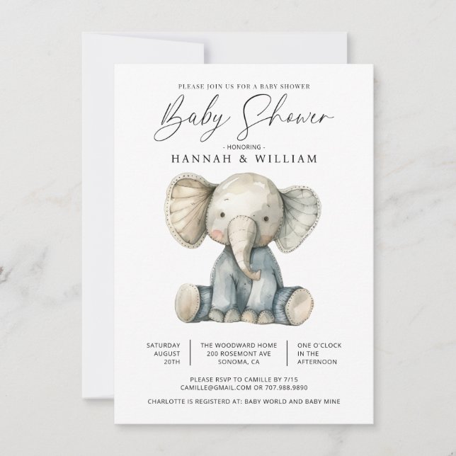 Cute Watercolor Elephant Baby Shower Inbjudningar (Framsida)
