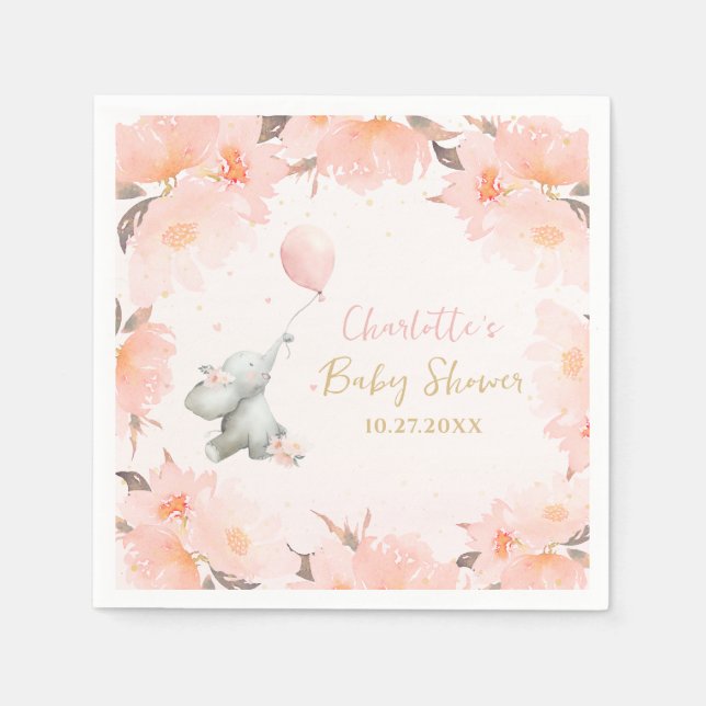 Cute Watercolor Elephant Floral Girl Baby Shower Pappersservett (Framsidan)