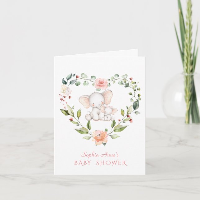 Cute Watercolor Elephant Girl Baby Shower Inbjudan (Framsida)