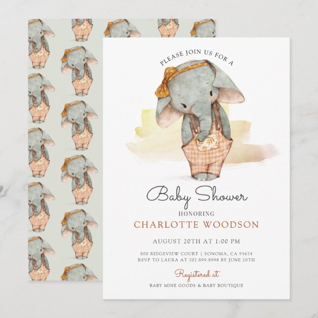 Cute Watercolor Elephant Girl Baby Shower Inbjudningar (Fram/baksida)