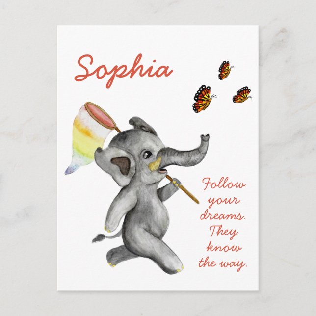 Cute Watercolor Elephant Inspiring Dream Quote Vykort (Framsida)
