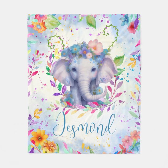 Cute Watercolor Elephant med blommor Fleecefilt (Framsidan)
