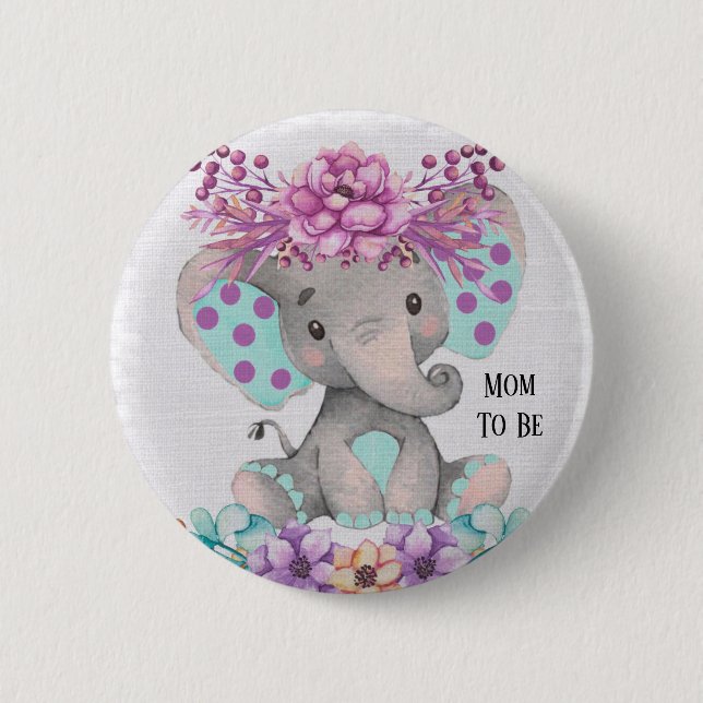 Cute Watercolor Elephant med Lila Teal Blommigt Knapp (Framsida)