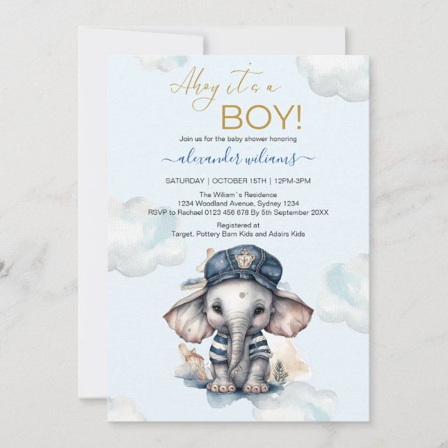 Cute Watercolor Elephant nautiskt tema baby showe Inbjudningar (Framsida)