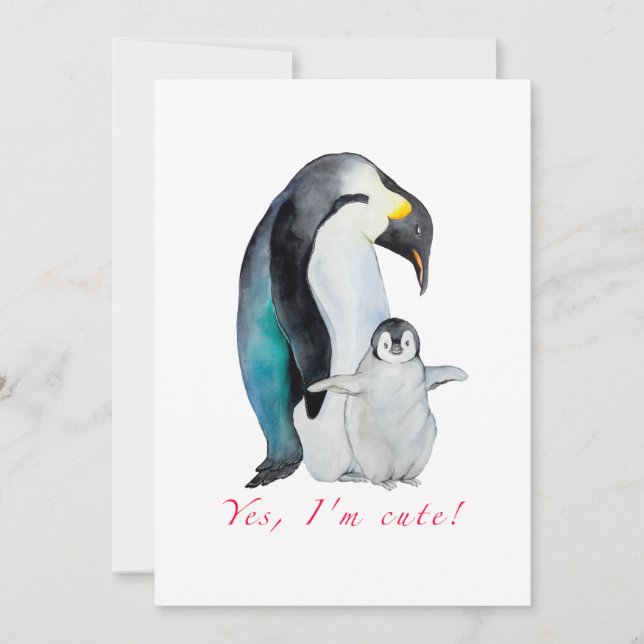Cute watercolor emperor penguins julkort (Framsida)