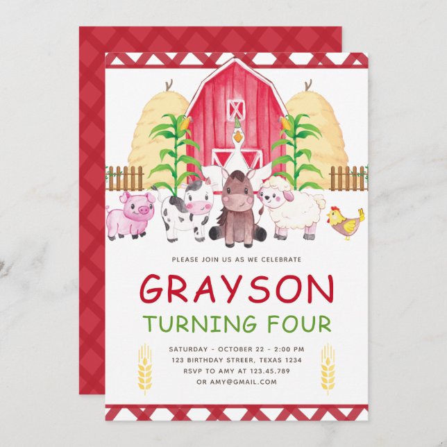 Cute Watercolor Farm Birthday Inbjudningar (Fram/baksida)