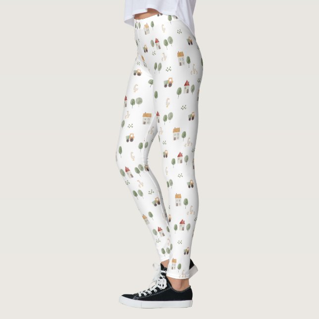 Cute Watercolor Farm Mönster Leggings (Vänster)