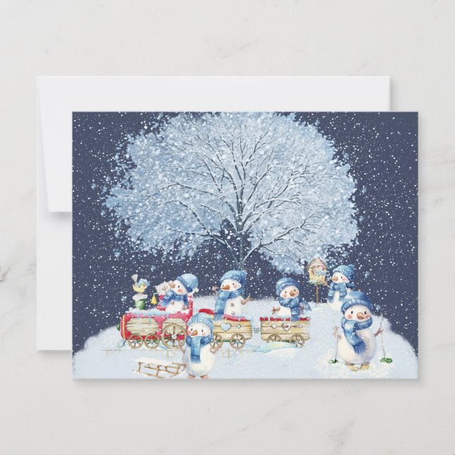 Cute Watercolor Festive-Snögubbar Julkort (Framsida)