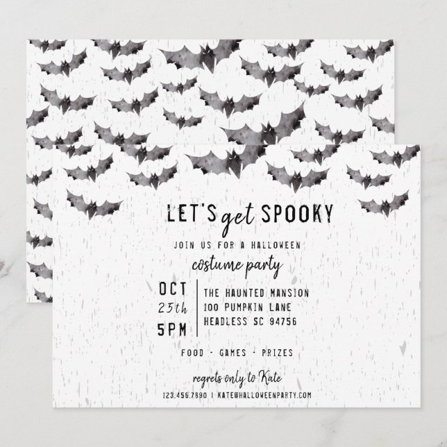 Cute Watercolor Fladdermus Spooky Halloween Inbjudningar (Fram/baksida)