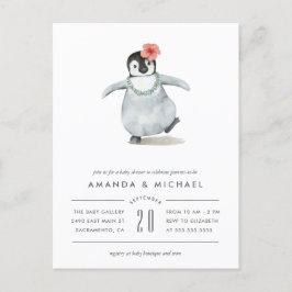 Cute Watercolor Flicka Penguin Baby Shower Inbjudan Vykort