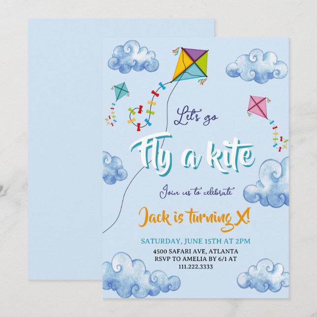 Cute Watercolor Flies Kites Birthday Inbjudningar (Fram/baksida)