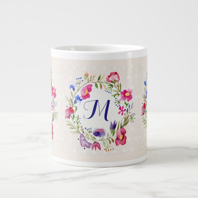 Cute Watercolor Flowers Blommigt Bra Monogram Jumbo Mugg (Framsidan)