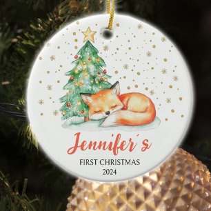Cute Watercolor Fox Anpassningsbar Baby Första jul Julgransprydnad Keramik