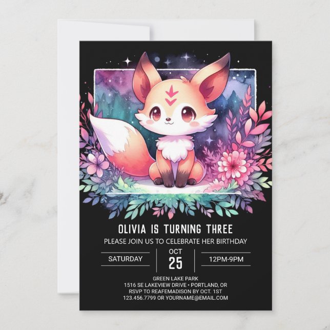 Cute Watercolor Fox Birthday digital Inbjudningar (Framsida)