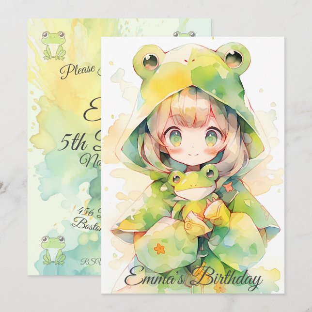 Cute watercolor frog girl birthday inbjudningar (Fram/baksida)