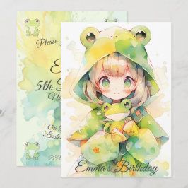 Cute watercolor frog girl birthday inbjudningar