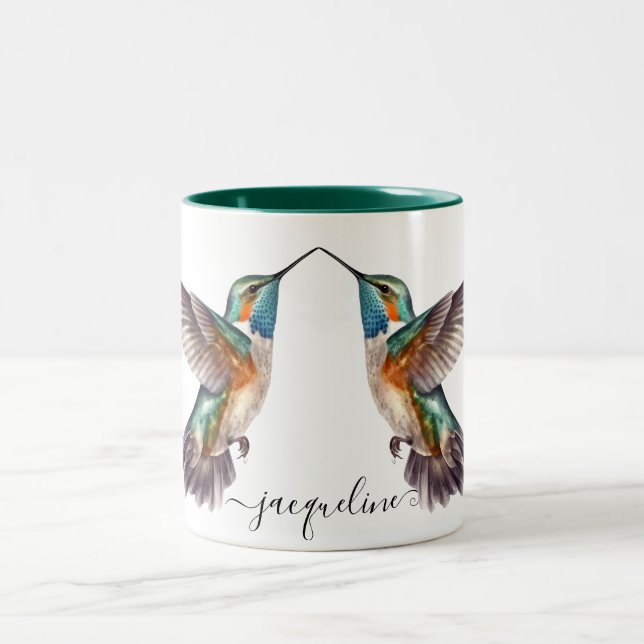 Cute Watercolor Funny Hummingbird Personalize Namn Två-Tonad Mugg (Center)