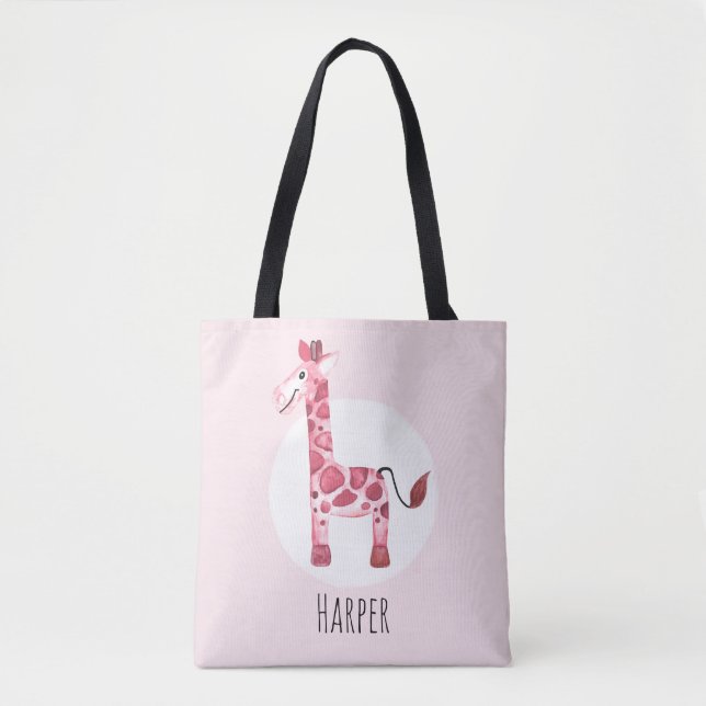 Cute Watercolor Giraffe Safari Namn Tygkasse (Framsida)