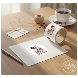 Cute Watercolor Girl Bicycle & Brews Round Sticker Runt Klistermärke