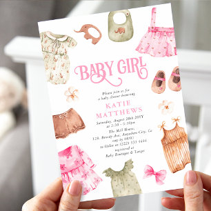 Cute Watercolor Girl Clothes GIRL Baby Shower Inbjudningar