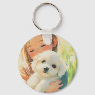 Cute Watercolor Girl Maltese Puppy Keychain Nyckelring