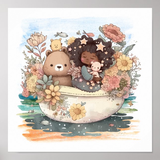 Cute Watercolor Girl with Besties Poster (Framsidan)