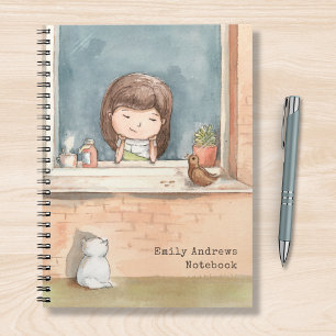 Cute Watercolor Girl with Bird Cat Personlig Anteckningsbok