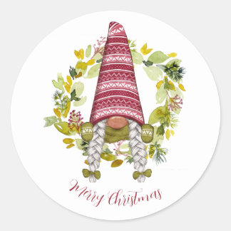 Cute Watercolor Gnome Red Hat Norden med utandning Runt Klistermärke