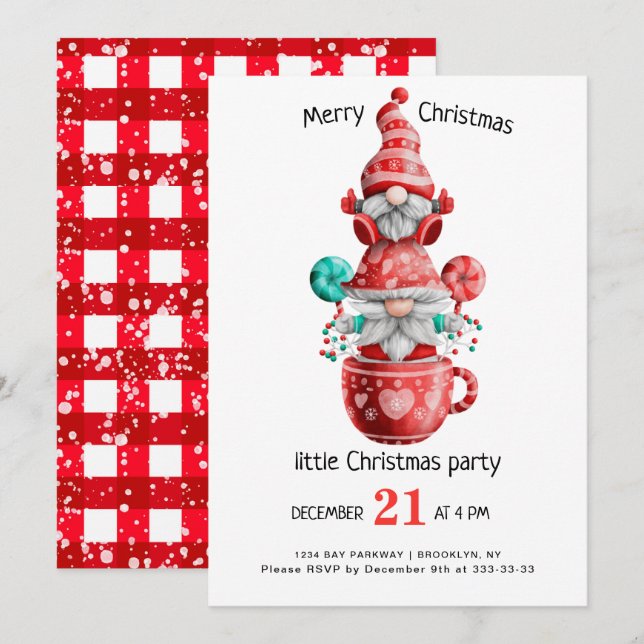 Cute Watercolor Gnomes Little jul Party Inv Inbjudningar (Fram/baksida)