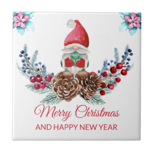Cute Watercolor Gnomes & Poinsettia Kakelplatta