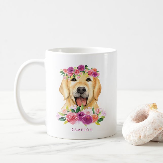Cute Watercolor Golden Retriever Lila Blommigt Kaffemugg (Med munk)