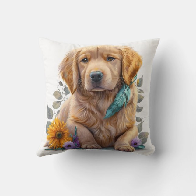 Cute Watercolor Golden Retriever Puppy Dog Kudde (Baksida)