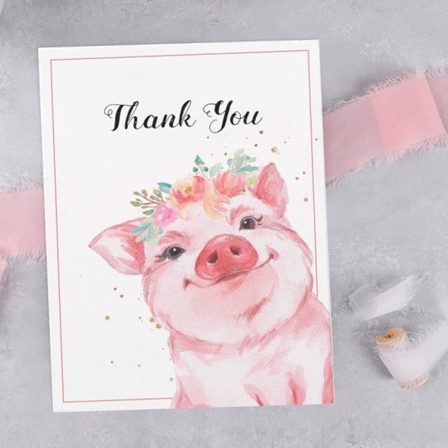 Cute Watercolor Gris Tack Kort (A thank you card decorated with an adorable watercolor pig.)