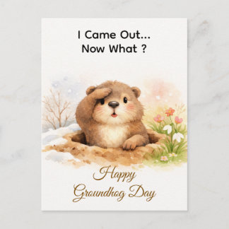 Cute Watercolor Groundhog Popping Out Of Hole Helg Vykort