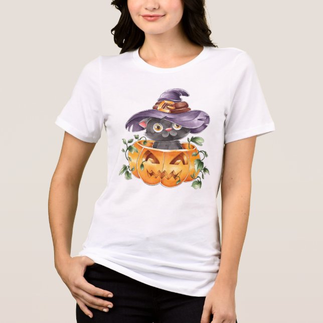 Cute Watercolor Halloween Cat T Shirt (Framsida)