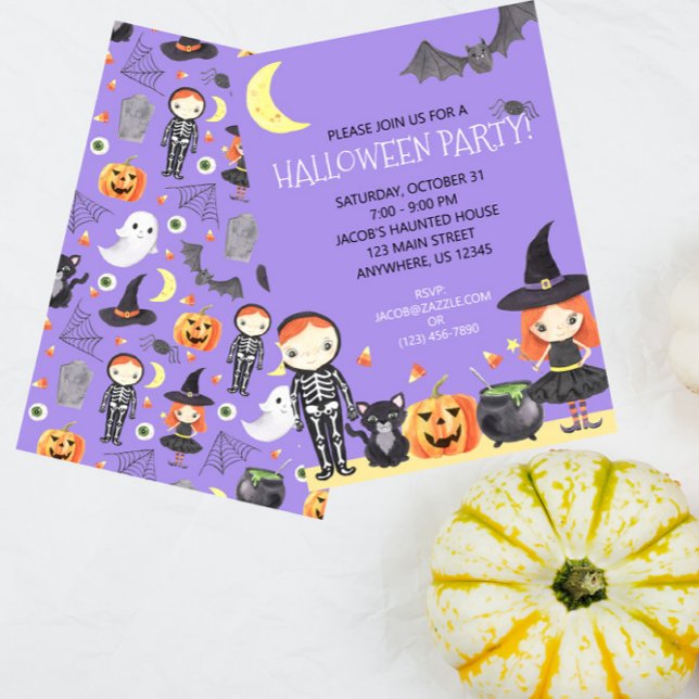 Cute Watercolor Halloween Costume Kids Inbjudningar (Scare up some fun with this cute Halloween party invitation!)