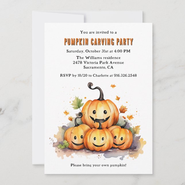 Cute Watercolor Halloween Pumpkin Carving Party Inbjudningar (Framsida)